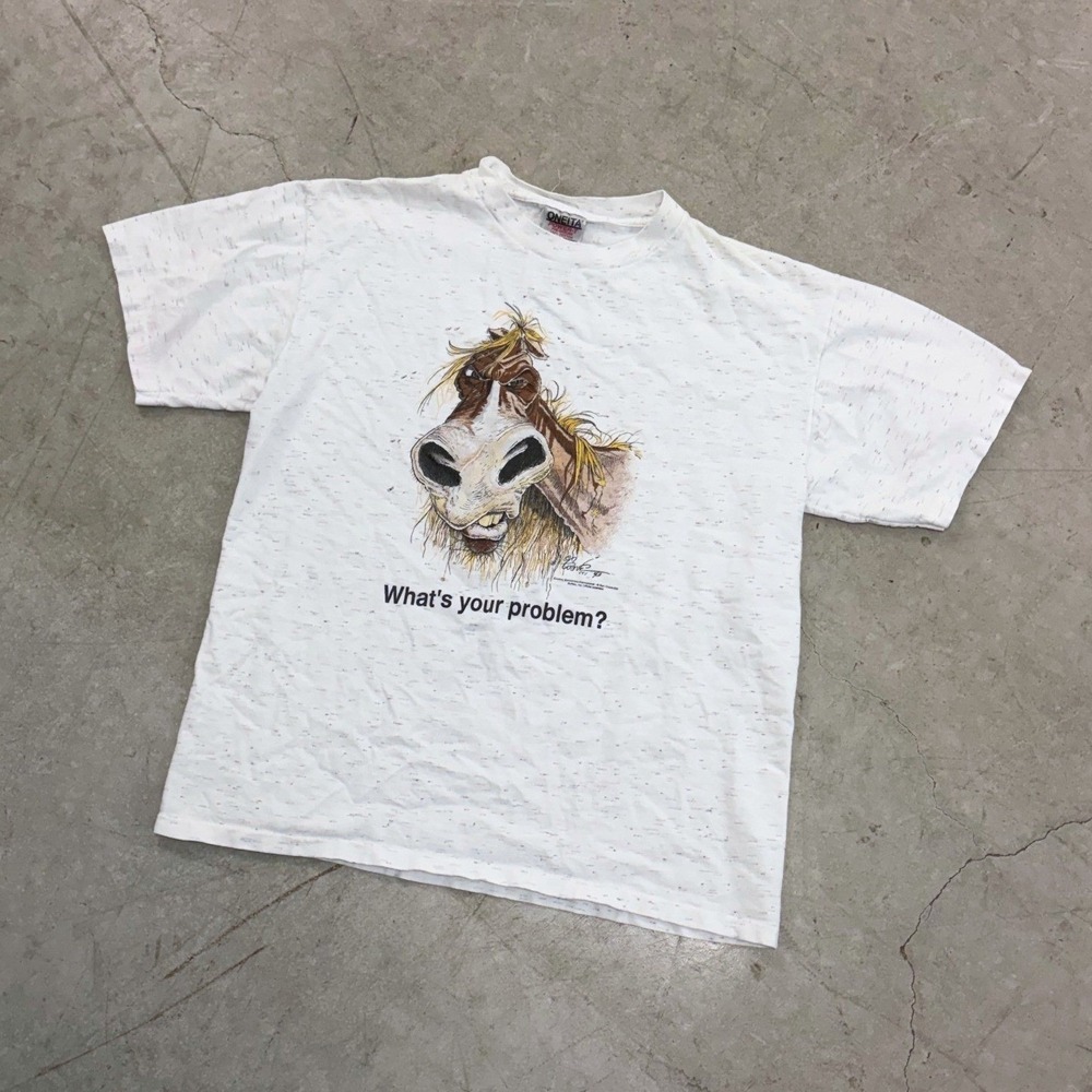 Vintage 1993 Oneita Power-T Horse Whats Your Problem Graphic T-Shirt Large White